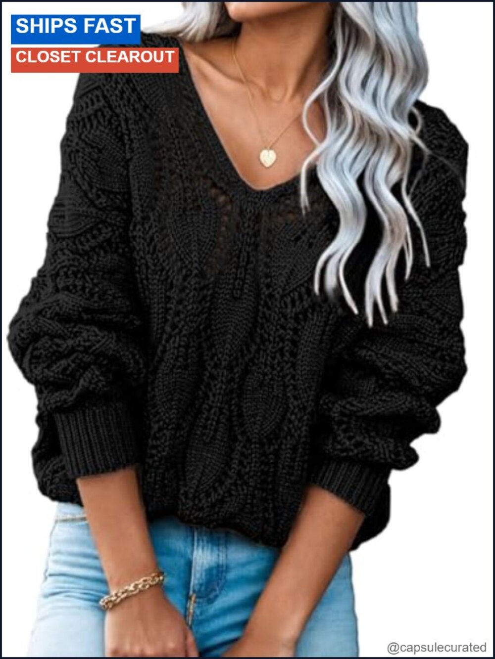 V Neck Crochet Hollow Out Knit Pullover Sweater